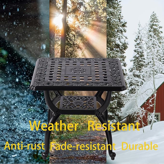 Cast Aluminum Outdoor Side Table,Small Patio Table,Outdoor Coffee Tables for Patio,Garden,Balcony, for All Weather (Black, Square)