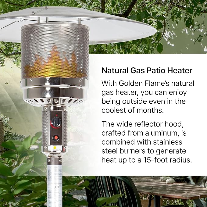 Outdoor Natural Gas Patio Heater | 45,000 BTU | Anti-Tilt and Safety Shut-Off | Residential and Commercial | Includes Mobility Wheels | Hammered Silver/Pewter