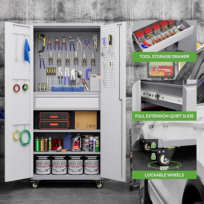 71" H Metal Garage Storage Cabinet with Wheels and Doors,Rolling Tool Cabinet with Pegboard,Rod and Drawer for Garage Warehouse Home,Required Assembly,Grey and White