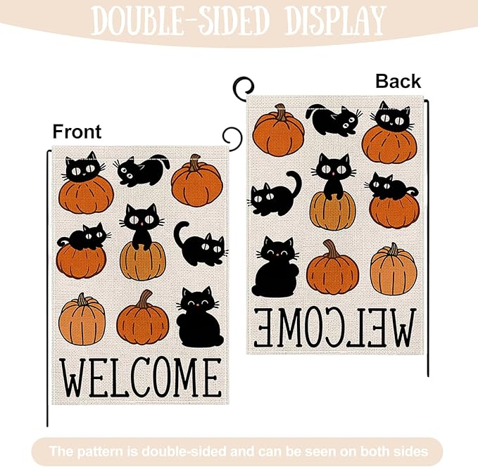 Halloween Garden Flag 12 x 18 Inch Double Sided Cute Cat Pumpkin Designs Fall Autumn Burlap Yard Flag for Outside Rustic Yard Outdoor Holiday Home Decoration