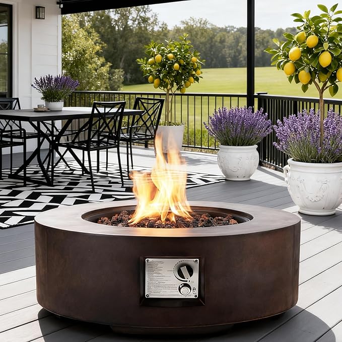 ECOTOUGE Round Gas Fire Pit, 30 Inch Outdoor Propane Firepit Table, Steel Fire Table w/50,000 BTU Auto-Ignition, Weather-Resistant Pit Cover, Lava Rocks, No Tank Holder, Brown