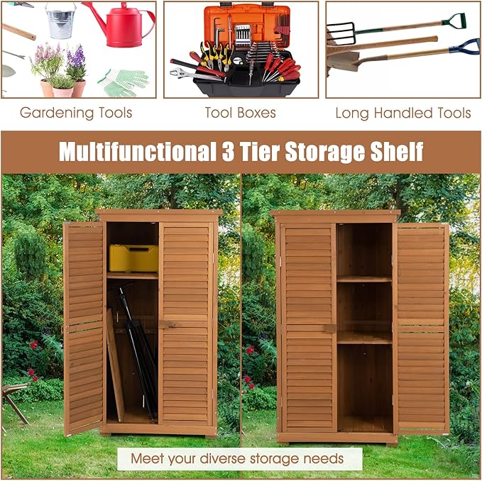 Goplus Outdoor Storage Cabinet, 63" Wood Garden Tool Shed with Double Lockable Doors, 3 Shelves and Asphalt Roof, Multipurpose Storage Shed for Patio Lawn Garden Yard, Natural