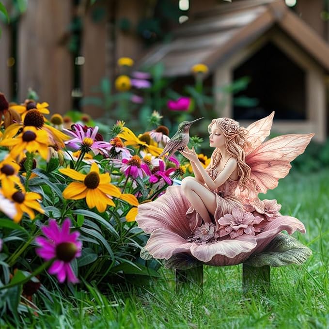 Fairy Garden Stake Decor, 2D Flat Acrylic Fairy Garden Decor Panel, Elf Yard Sign for Outdoor Indoor Yard Lawn Plants Pots, Fairy Garden Accessories (Flowers Fairy and Hummingbird)