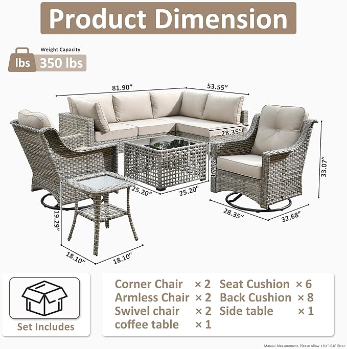 HOOOWOOO Outdoor Patio Furniture Set,8 Pieces Wicker Out Door Sectional Furniture L Shaped Couch,Patio Conversation Sets with Swivel Rocking Chair LED Table,Beige