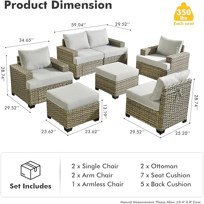 HOOOWOOO Outdoor Sectional Patio Furniture Set,7 Pieces Wicker Conversation Sets,Extra Deep Out Door Sofa Outside Furniture Couch with Ottoman,Denim Blue