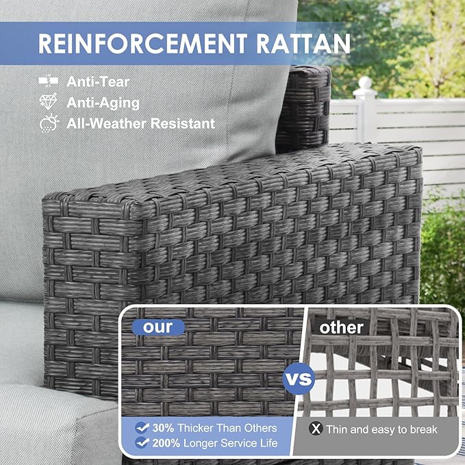 10 Pieces Patio Sectional Furniture Set with 44" Propane Fire Pit Table, 60000BTU Wicker Outdoor Sectional Coversation Set, Thick Cushion Deep Seat, Outdoor Furniture for Porch,Backyard,Deck (Grey)