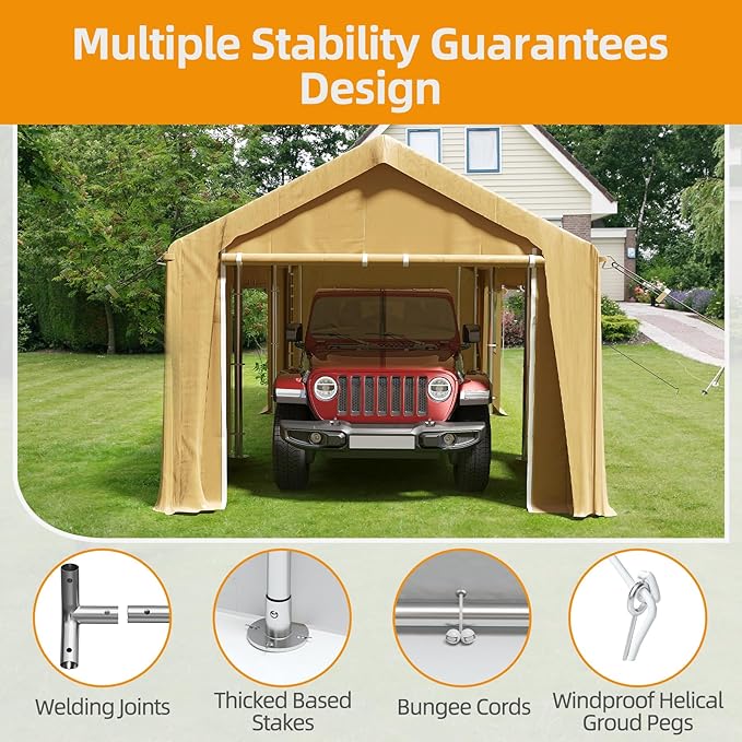 10'x20' Heavy Duty Carport Portable Garage, Outdoor Car Port with 180 g PE All-Season Waterproof Canopy 4 Roll-up Doors and 4 Windows for Car, Truck, SUV, Boat, Yellow