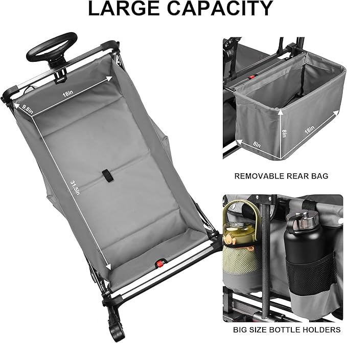Collapsible Canopy Wagon - Heavy Duty Utility Outdoor Foldable Garden Cart - with Adjustable Push Pulling Handles,Big Wheels for Sand, for Shopping, Picnic, Camping, Sports - Grey