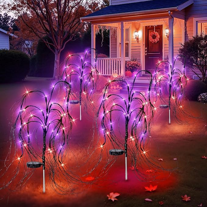 8 Pack Halloween Solar Lights Outdoor, 256 LED Weeping Willow Tree Stake Lights with 8 Mode, Waterproof Solar Pathway Lights for Garden Patio Yard Outdoor Decor (Purple Orange)