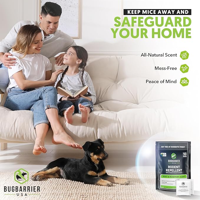 BugBarrier's Extra-Strength Mouse Repellent Deterrent Pouches, USDA 99% Biobased, Peppermint & Rosemary Oils Repel Mice Nesting in Car, RV, Boat, Garage, Shed, Cabin Made in The USA (Pack of 10)