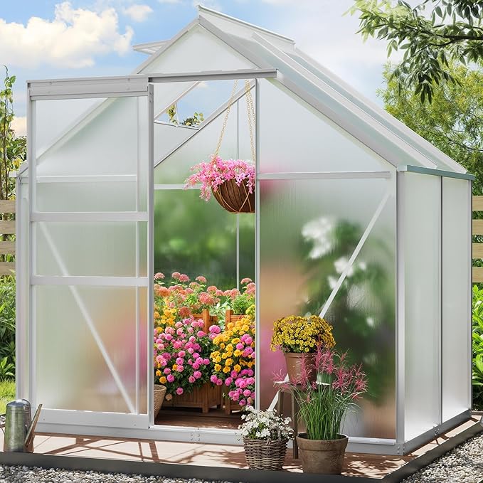 YITAHOME 10x12FT Polycarbonate Greenhouse for Outdoors, Large Heavy Duty Aluminum Greenhouses with Sliding Doors and Vent Window, Walk-in Greenhouse for Garden Backyard, Simple Setup, Silver