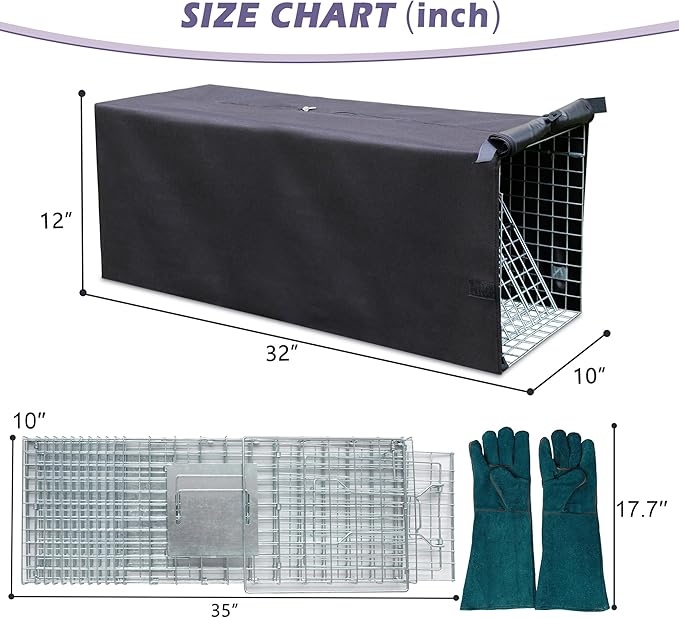 Live Animal Trap Cage with Cover and Gloves, Heavy Duty Folding Animal Traps Cage for Stray Cats, Humane Cat Trap for Raccoon, Squirrel, Skunk, Catch and Release - (32 x 10 x 12 inches)