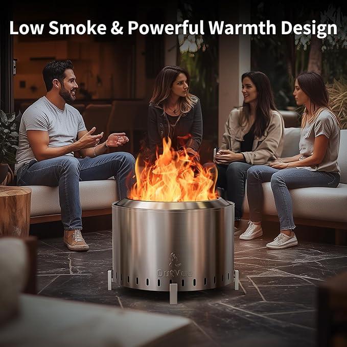 22 inch Stainless Steel Smokeless Fire Pit, Outdoor Smokeless Firepit, Wood Burning Fire Pits for Camping, Bonfire, Low Smoke Firepit for Outside (Vertical Hole)