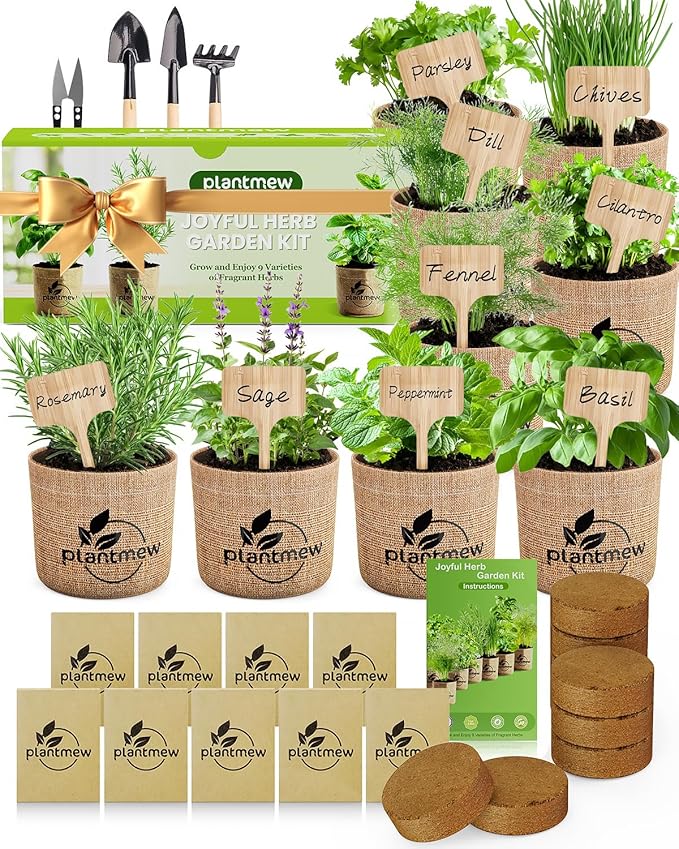 9 Herb Indoor Garden Kit - Unique Kitchen Gift for Women, Men, Mom, Friends - Complete Starter Set with Pots, Soil & Tools - Perfect for Windowsill, Countertop, Home Gardening