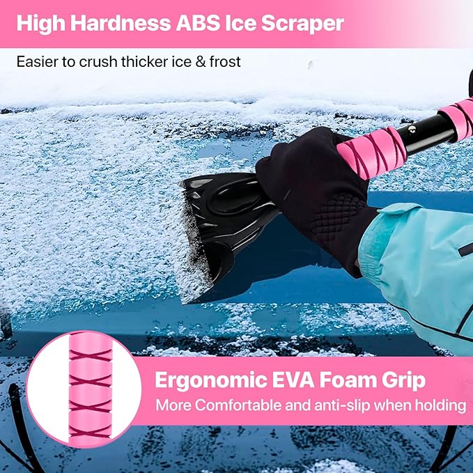 44" Ice Scraper and Snow Brush for Car Windshield with Extendable, 360° Pivoting, Soft Bristle Head, Foam Grip, for Car, Truck, SUV Window Tool (Pink)