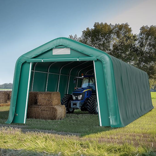 GREEN PARTY 11' x 32' Heavy Duty Carport, Portable Storage Shelter Shed Outdoor Carport with Roll-up Zipper Door & Vents, Storage Car Canopy Car Tent Garage for SUV, Truck and Boat, 200g PE Cover