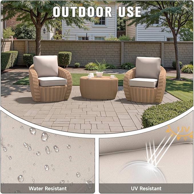 Outdoor Chair Cushions 23" x 24" x 4", Patio Deep Seat Replacement Cushions Set with Zippered Removable Cover, Weather-Resistant Olefin Fabric for Garden Chair Sofa Couch, Set of 3, Beige