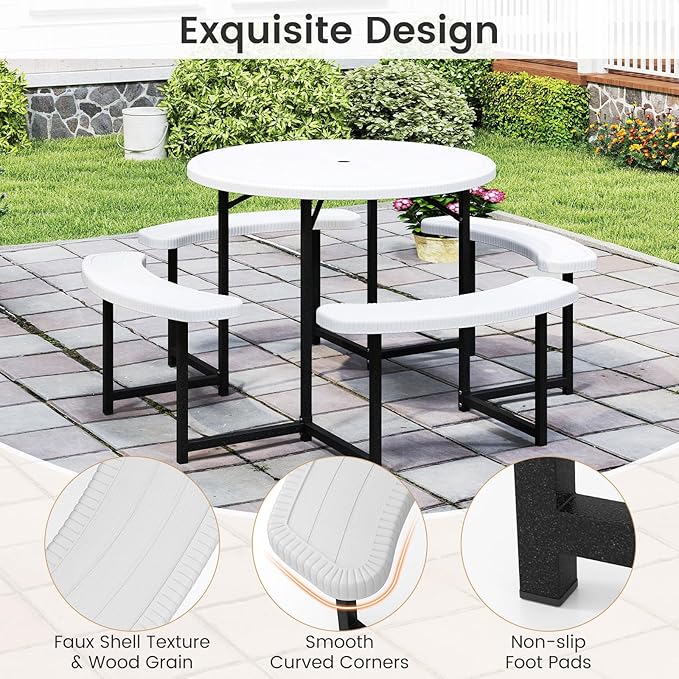Tangkula 8 Person Picnic Table, HDPE Outdoor Round Table and Bench Set with 4 Built-in Benches, Umbrella Hole, Metal Frame for Garden Yard Patio Lawn