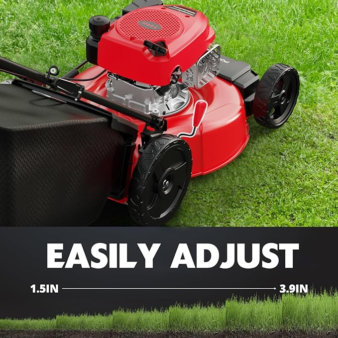 PowerSmart Gas Push Lawn Mower 21-inch 144cc 4-Stroke Engine with Easy Adjustable Cutting Height, High Wheels, 2-in-1 with Mulching, Rear Bagger