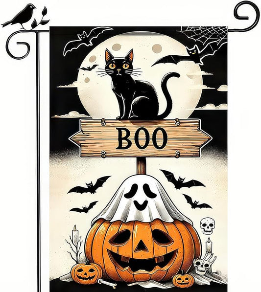 Halloween Garden Flag 12x18 Inch Double Sided Ghost Pumpkin Flags Cat Boo Sign Moon Bat Banner Small Yard Flag for Halloween Outdoor Decoration