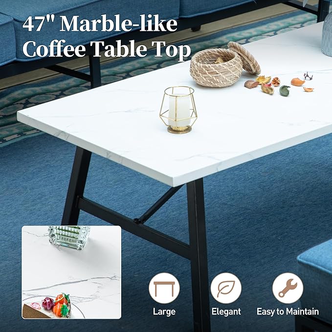 6 Piece Metal Outdoor Patio Furniture Set, Patio Conversation Set 1 3-Seater Sofa, 2 Rocking Chair, 2 Leg Chair with 5.75" Thick Cushion and Coffee Table, Backyard Furniture Set, Navy