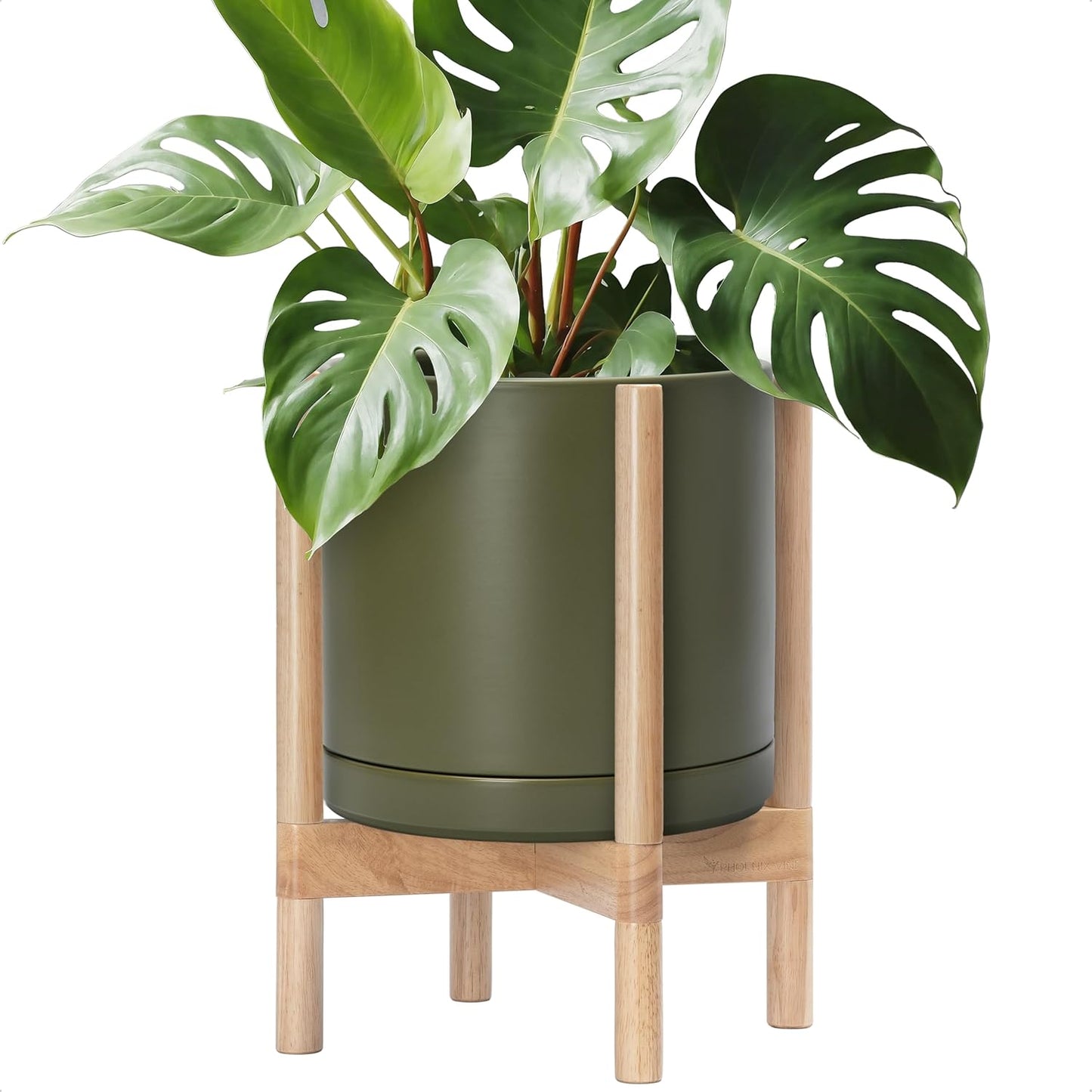 D'vine Dev Ceramic Planter with Natural Stand - 12 Inch Modern Round Flower Pot with Wood Planter Holder, Olive, 55-B-J-J