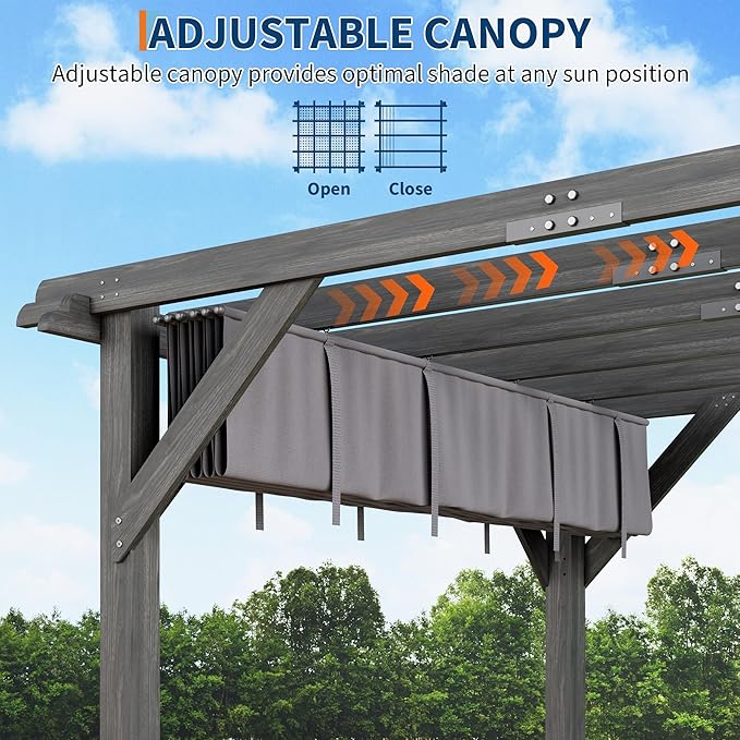 10x12 Ft Outdoor Wood Pergola with Retractable Roof & Mounting Kit Wooden Gazebo, Premium Support Structure, Wind and Snow Supported, Modern Outdoor Pergola for Porch, Grapevine and Deck