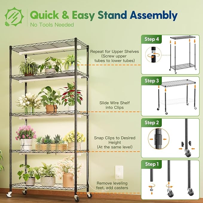 FREELICHT Plant Stand with Grow Light, 5 Tier Adjustable Plant Shelf with 4-Pack 30W LED Grow Lights, 2FT 5000K Full Spectrum Plant Light with Timer for Seedling, Seed Starting (29.5"x13.8"x61.5")