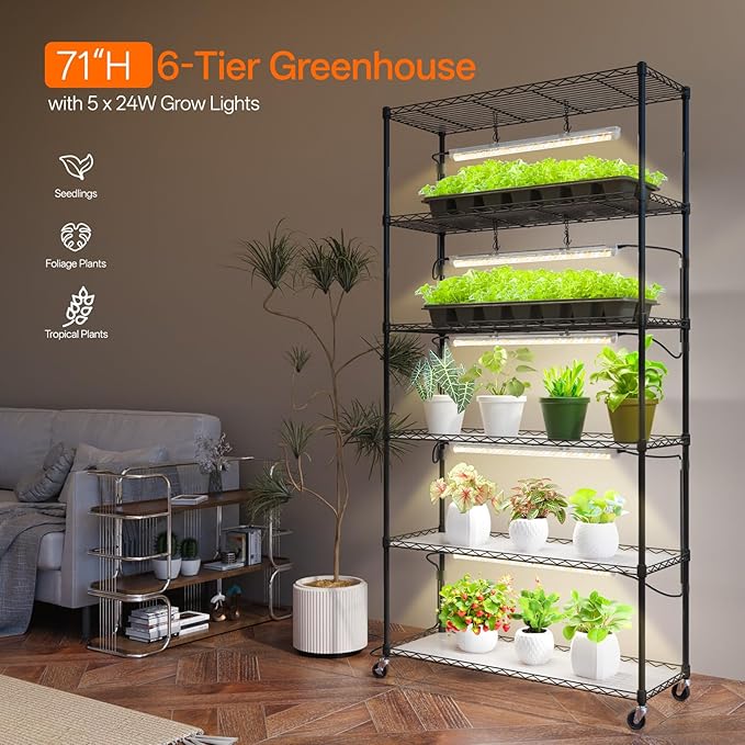 Plant Shelf with Grow Light with Timer, Metal Plant Stand with Adjustable Rack and Wheels, 5 Pack T8 Full Spectrum Grow Light Strip for Indoor Plants, Seed Starting, Seed Tray, 35.4"x13.8"x71"