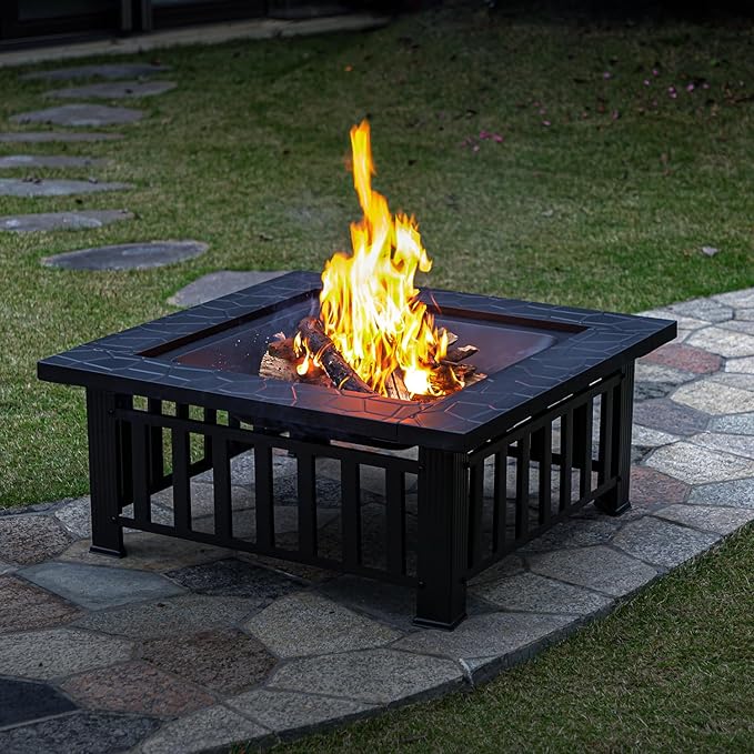 Multifunctional Fire Pit Table 36 inch Square Metal Firepit Stove Backyard Patio Garden Fireplace for Camping, Outdoor Heating, Bonfire and Picnic