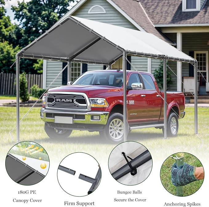 Carport, 10x20ft Heavy Duty Portable Garage, Car Port with Storage Shed, Car Canopy Car Tent with Steel Frame All-Season Tarp for Car, Truck, Boat, Party (B-White)