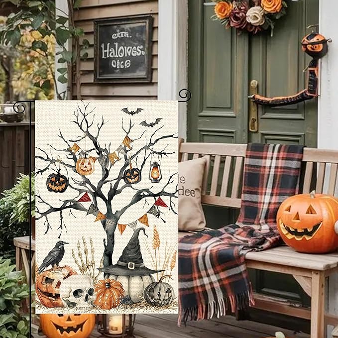 Halloween Black Tree Pumpkin Welcome Garden Flag 12 x 18 Inch Double Sided, Skull Crow Seasonal Burlap Small Yard Flag Farmhouse Holiday Patio Outdoor Outside Decoration