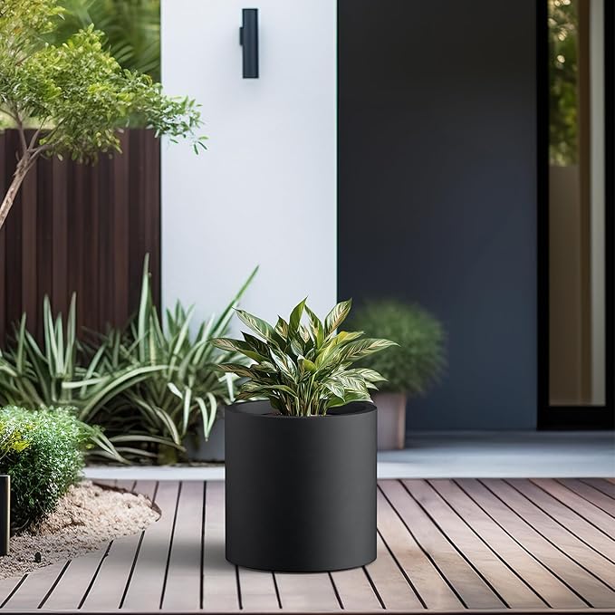 Kante 15.7" Dia Round Concrete Planter, Modern Style Large Cylindrical Plant Pot with Drainage Hole and Rubber Plug for Indoor Outdoor Patio, Burnished Black