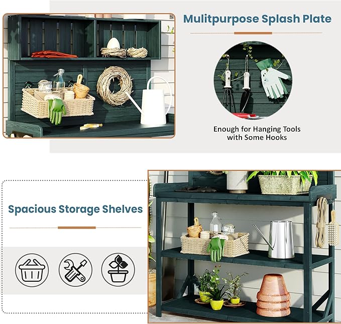 Harper & Bright Designs 65" Large Wooden Farmhouse Rustic Outdoor Potting Bench Table with 4 Storage Shelves and Side Hook, Patio Workstation, for Garden, Backyard, Forest Green