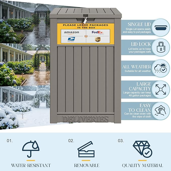 49 Gallon Package Delivery Boxes for Outside, Outside Storage Box Waterproof with Sign, Lockable Storage Box, Large Double-Walled Resin Weatherproof Deck Box for Porch and Patio, Grey