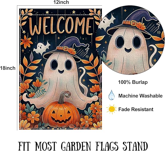 Halloween Garden Flag 12 x 18 Inch Double Sided Ghost Pumpkin Designs Fall Autumn Burlap Yard Flag for Outside Rustic Yard Outdoor Holiday Home Decoration