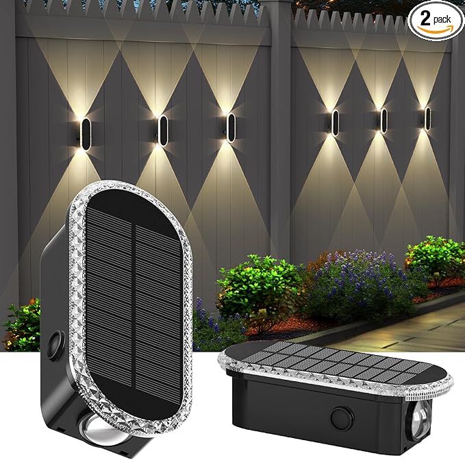 Solar Fence Lights-RGB&Warm White, Waterproof LED Solar Lights Outdoor 8 Colors,2 Lens Up and Down for Outdoor/Fence Pack of 2