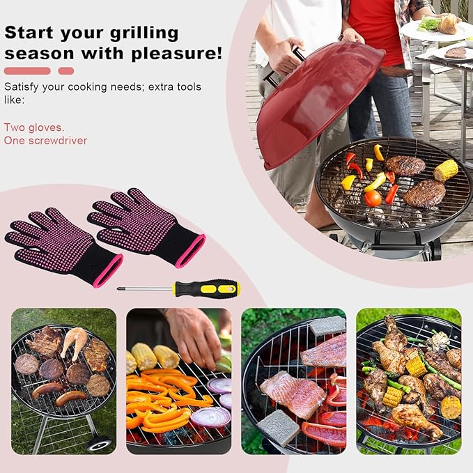 Charcoal Grills, Outdoor BBQ Grill with Side Table, Charcoal Grill with Wheels for Outdoor Grilling/Tabletop Cooking-Red