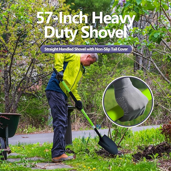 Shovel for Digging, Heavy Duty Gardening Shovel 57 Inch Straight Handle Round Blade with Non-Slip Tail Cover, Lawn and Yard Tools, Fiberglass Handle(Green)