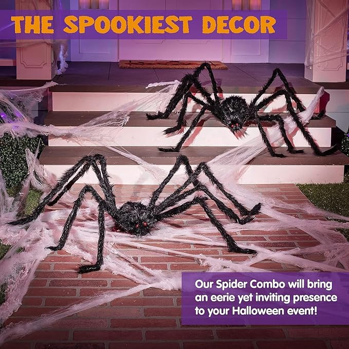 JOYIN 2 Pack 5 Ft Halloween Outdoor Decorations Hairy Black Spider, Scary Giant Spider, Fake Large Haunted House Props, Halloween Yard Lawn Decorations Party Indoor Decor