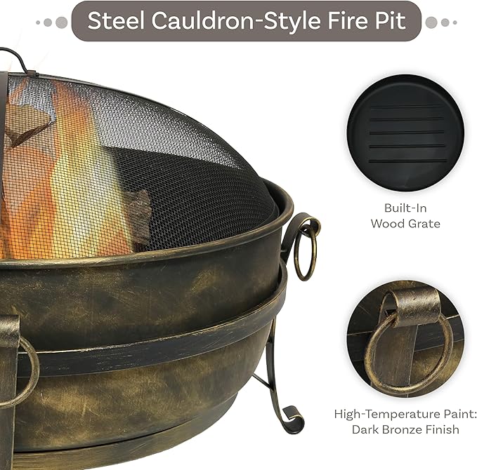 Sunnydaze 34-Inch Large Fire Pit for Outside - Wood-Burning Fire Pit Bowl for Outdoors with Spark Screen, Log Poker, and Grate