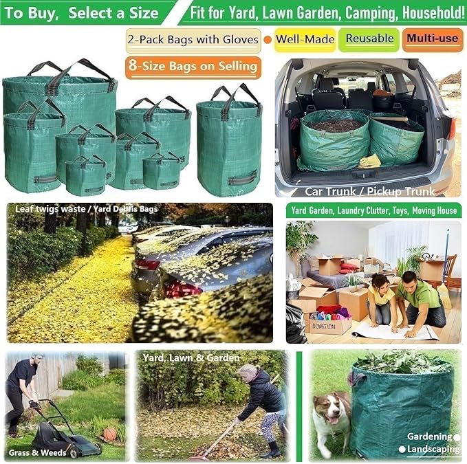 Standard 2-Pack 46 Gallon Yard Garden Bags (D26, H19 inch) with Gloves for Yard Waste Bags,Lawn Debris,Weeds Bag,Recycle Bin,Laundry Container,Camping Waste Bin,Lawn Grass Clippings,Leaf Bag 4 Handles