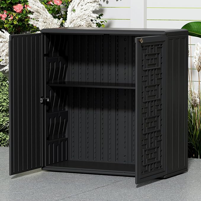 Indoor Outdoor Storage Cabinet Waterproof with Shelf,Plastic Storage Sheds Outdoor Cabinets for Patio/Garden/Backyard, Size 34.3''L*15''W*36.2''H（Black）