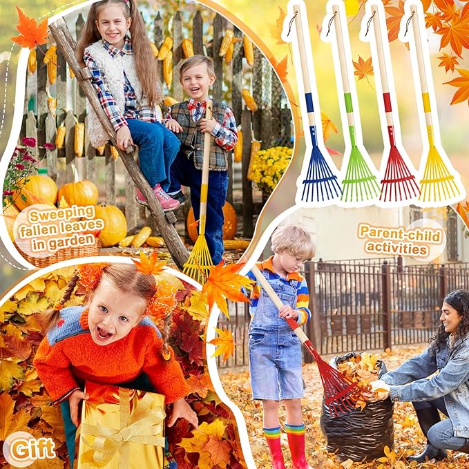 Suclain 8 Pcs Kids Rakes with Hardwood Handle Small Rake Child Size for Gardening Kids Yard Tools Multicolor 28'' Mini Rake for Leaves Lightweight for Children Garden Leaf Tools