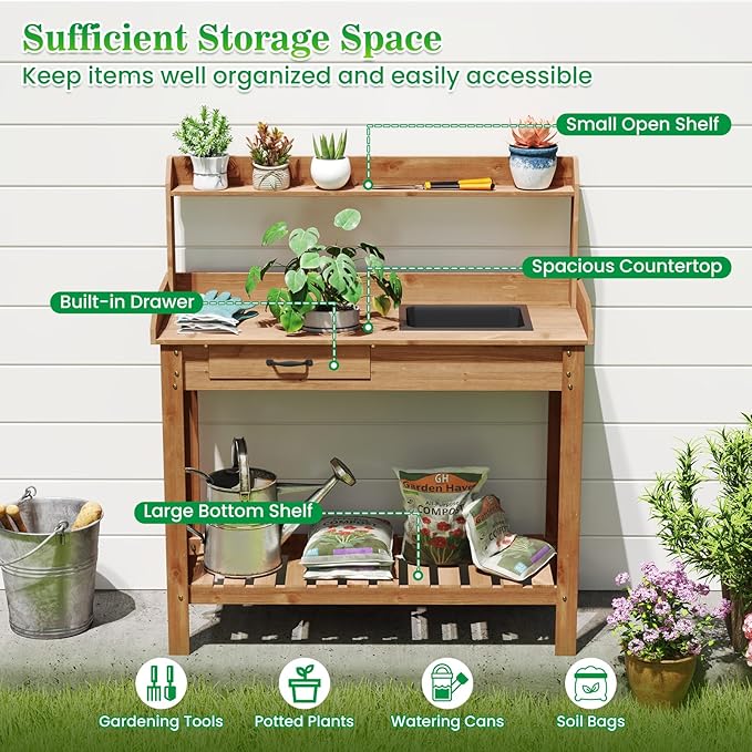 HAPPYGRILL Potting Bench Table, Wooden Work Bench with Removable Sink, Wood Garden Table with Storage Shelves, Drawer, Potting Benches for Outside, Patio Lawn Greenhouse