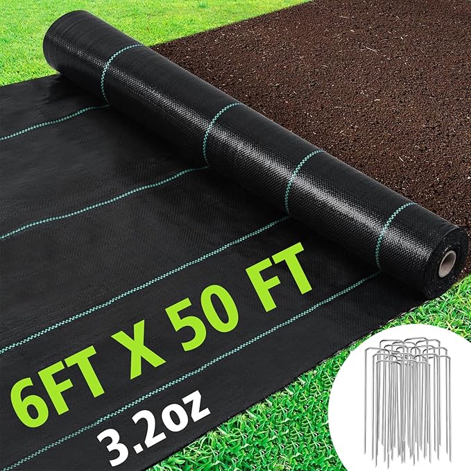 Weed Barrier Landscape Fabric 6 x 50 FT, Ground Cover Fabric Block, Gardening Fabric Mat, Black Heavy Duty Garden Cloth Felt with 20 U-Shaped Pegs for Flower Bed, Patio, Orchard,3.2oz/sq.yd