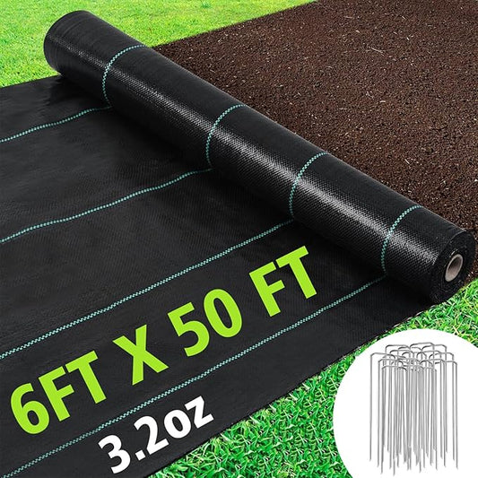 Weed Barrier Landscape Fabric 6 x 50 FT, Ground Cover Fabric Block, Gardening Fabric Mat, Black Heavy Duty Garden Cloth Felt with 20 U-Shaped Pegs for Flower Bed, Patio, Orchard,3.2oz/sq.yd