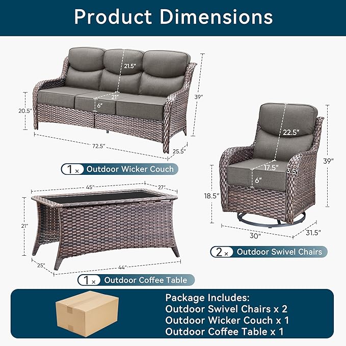 Luxury High Back Outdoor Furniture with 6-Inch Thick Cushions, Patio Furniture Set with Swivel Chairs, 4 PCS Wicker Conversation Set for Porch, Balcony, Deck and Yard