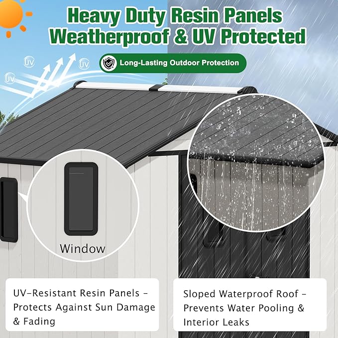 EAGLE PEAK 8x6 Resin Outdoor Storage Shed, Weatherproof Garden Shed with Floor & Lockable Doors, Tool & Equipment Storage for Backyard or Patio, White/Gray