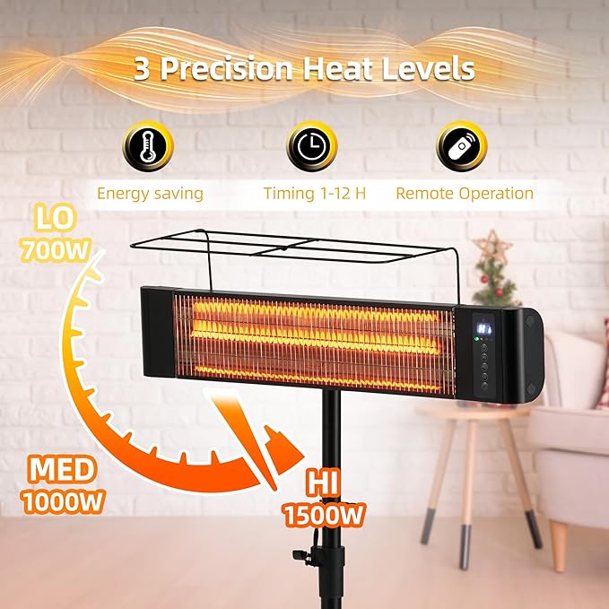Outdoor Electric Heater For Patio Use RealSmart 1500W Portable Outdoor/Indoor Heaters 3 Heat Modes Wall Mounted Ceiling Tripod Heater Waterproof IP65 TUV Certification for Restaurant Garage Greenhouse